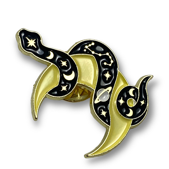 Gold enamel galaxy snake on a crescent moon pin - Picture 2 of 8